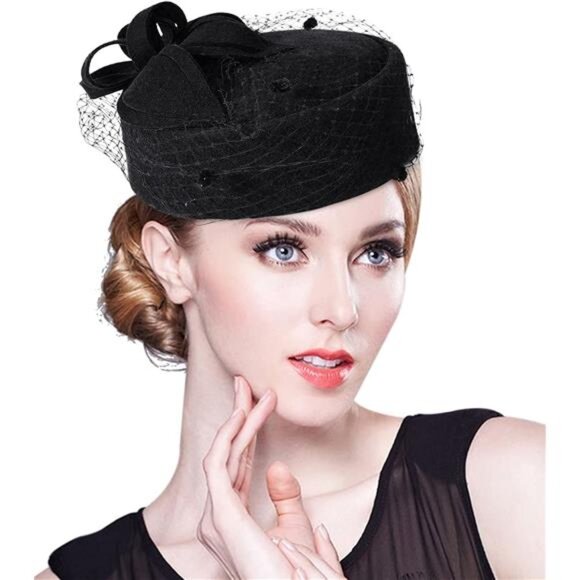 British Vintage Wool Felt Pillbox Hat Ladies Church Derby Fascinator Hat Veil main image 6